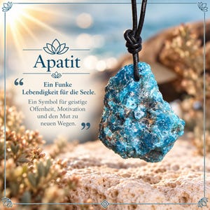 Apatit Rohstein Anhänger | Blauer Naturstein frontgebohrt | Edelstein Anhänger Unikat | Rohstein Schmuck mit schwarzem Lederband