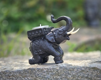 Olifant theelichthouder, geluksolifantbeeldje van kunsthars, handgemaakt, polyresin, kunststeen, zwart