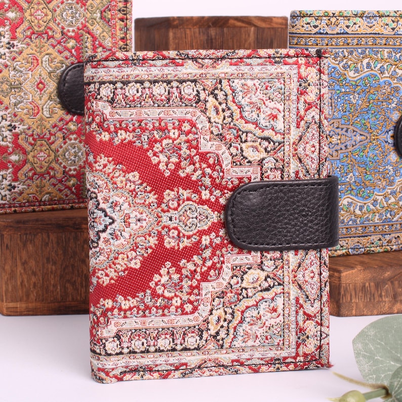 Handmade oriental wallet, purse, coin purse, bag, billfold, boho wallet, clutch, leather, fabric, Persian Red