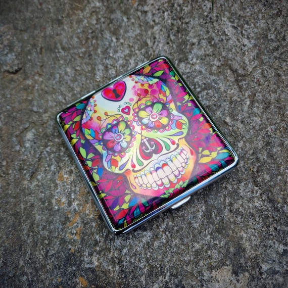 Metal Cigarette Case With Skull Hologram, Colorful, for Festivals, Parties,  and Biker Events