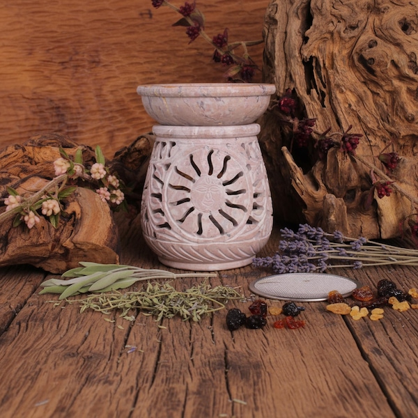 Soapstone fragrance lamp & incense burner – hand-carved with sun motif | incl. stainless steel sieve Ø 6.5 cm | approx. 11 cm high