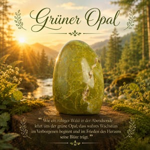 Può includere: Una pietra di opale verde lucidata a forma di uovo con texture screziate e inclusioni bianche. Il testo "Grüner Opal" appare in alto e una citazione in tedesco è stampata in basso, riferendosi alla pace della foresta.