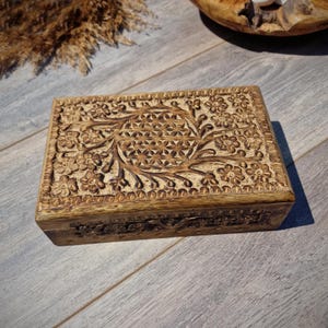 Handgefertigte Schmuckbox aus Mangoholz Blume des Lebens Mandala Holzbox Holzkiste Schatulle Kiste Box Aufbwahrungsbox