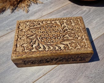 Scatola portagioie fatta a mano in legno di mango, fiore della vita, mandala, scatola di legno, scatola di legno, scatola portaoggetti, 20 x 12 x 6 cm