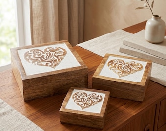 Set di 3 bauli in legno di mango con motivo a cuore celtico - Scatola in legno, Baule in legno, Scatola, Scrigno, Matrimonio, Amore