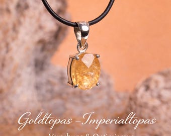 Colgante de topacio imperial en plata 925 | Topacio dorado ovalado facetado | Pieza única con cordón de cuero