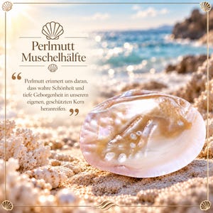 Può includere: Una metà di conchiglia in madreperla con una superficie interna iridescente e lucida. La conchiglia è posizionata su una spiaggia sabbiosa con il testo Perlmutt Muschelhälfte e una citazione in tedesco sulla bellezza, incorniciata da un bordo.