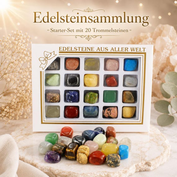 Edelsteinsammlung mit 20 Trommelsteinen | Edelstein Starter Set im Blisterpack | Bunte Mineralien Mischung | Geschenkidee für Sammler