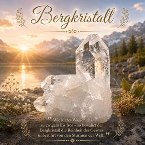 Könnte beinhalten: Ein klarer, mehrspitziger Bergkristall auf einem steinigen Untergrund. Das Bild enthält den Text "Bergkristall" oben und das Zitat unten: "Wie klares Wasser, das zu ewigem Eis fror – so bewahrt der Bergkristall die Reinheit des Geistes unberührt von den Stürmen der Welt."