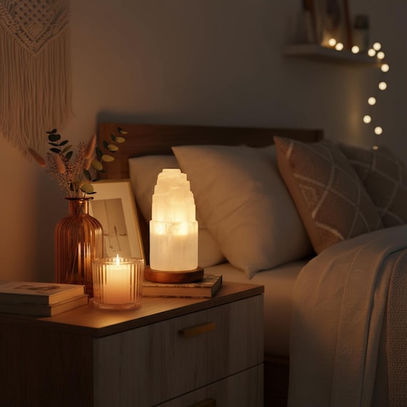 Handgefertigte Lampe aus Selenit – Selenitlampe auf einem Holzsockel in Kaskadenform Leuchte