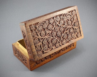 Handgefertigte Schmuckbox aus Palisanderholz mit Blumenornament Holzbox Holzkiste Truhe Schatulle Kiste Box