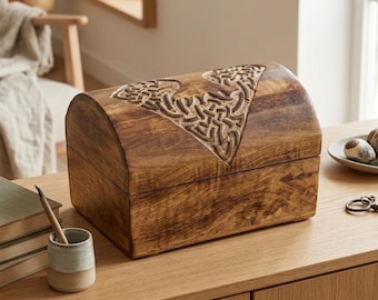 Cofre de madera hecho a mano de madera de mango con motivo del Árbol de la Vida, ataúd, cofre del tesoro, caja de madera, caja de almacenamiento del Árbol de la Vida tallado