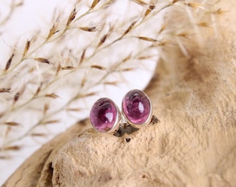 Pendientes de turmalina rosa | Pendientes de plata de ley 925 | Cabujones de piedras preciosas ovaladas | Regalo para ella