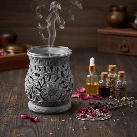 Filigranes Duftstövchen aus Speckstein mit Blumenmotiv – Stimmungsvolle Duftlampe & Räucherstövchen 11 cm Höhe