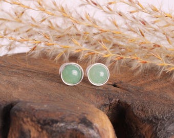 Aventurine stud earrings, 925 sterling silver – Green cabochon gemstone earrings with silicone closure, natural jewelry, gift idea for women