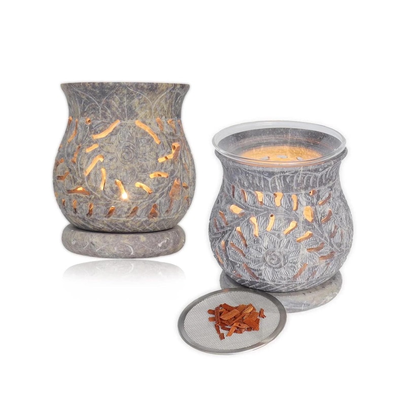 Filigranes Duftstövchen aus Speckstein mit Blumenmotiv – Stimmungsvolle Duftlampe & Räucherstövchen