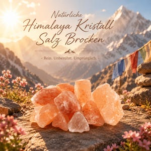Op de afbeelding: Een stapel ruwe, roze Himalaya kristalzoutbrokken. De afbeelding bevat de tekst "Natürliche Himalaya Kristall Salz Brocken" en "- Rein. Unberührt. Ursprünglich. -" tegen een achtergrond van bergen en gebedsvlaggen.