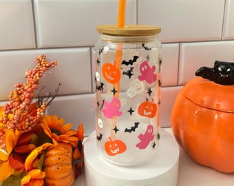 Halloween Color Changing Iced Coffee Glass with Bamboo Lid & Straw