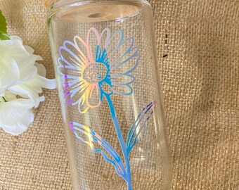 Flower Iced Coffee Glass Cup: 16oz Beer Can with Bamboo Lid & Straw
