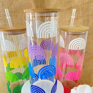 Rainbow Iced Coffee Cup Boba Cup Multi Colored Rainbow Glass Libbey Can with Lid and Straw Aesthetic Retro Boho Iced Coffee 16oz or 24oz