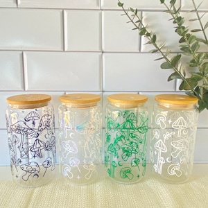 Mushroom Iced Coffee Cup Mushroom Glass Can with Lid Straw Mushroom Lover Aesthetic Glass Cup Mushroom Glasses Trendy Mushroom Cup.