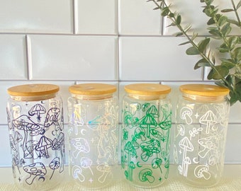 Mushroom Iced Coffee Glass Cup with Bamboo Lid & Straw