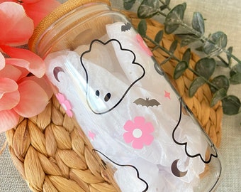 Halloween Ghost Glass Coffee Cup with Pink Flowers and Bats, Spooky Halloween Drinkware