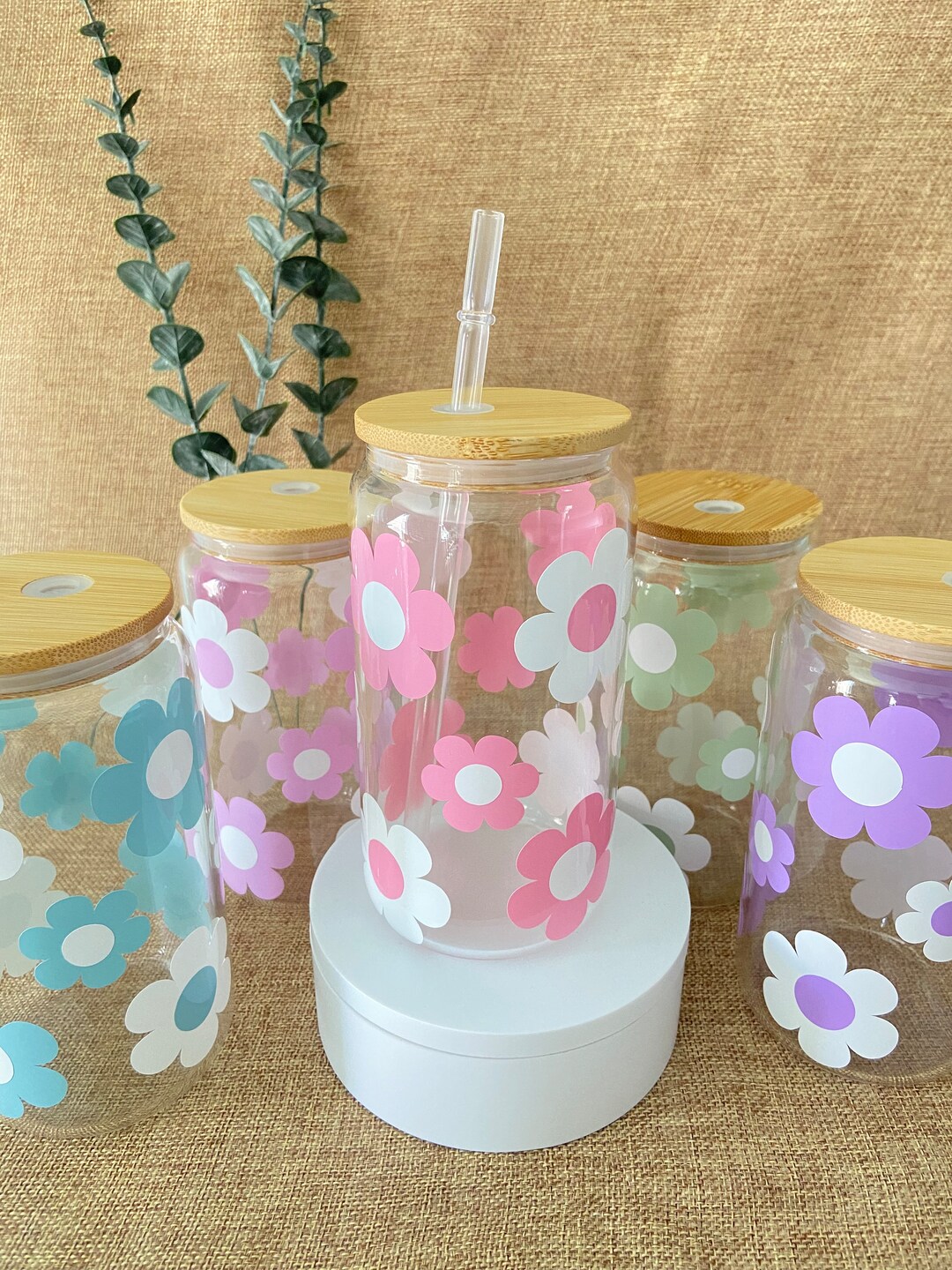 Pastel Flower Glass Cup: Retro Iced Coffee Beer Can With Bamboo Lid ...