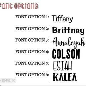 May include: Six different font options for names are shown. The names are Tiffany, Brittney, Annaleyah, Colson, Esiah, and Kalea.