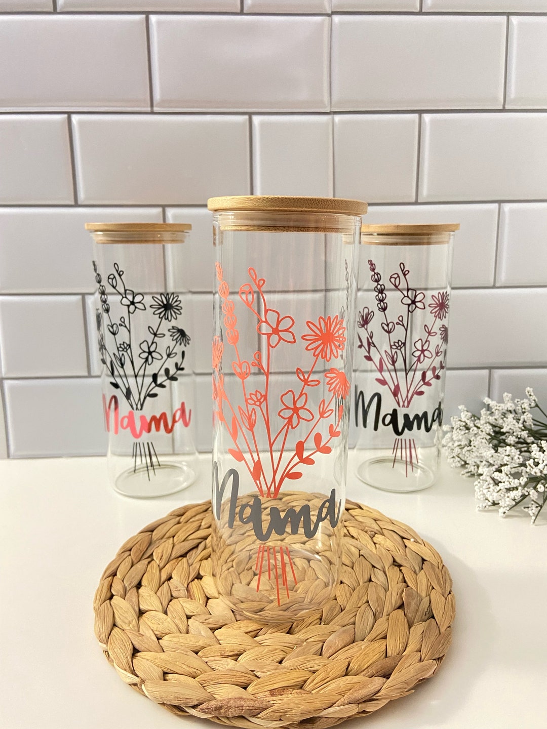 Mama Iced Coffee Glass Can With Flowers, Bamboo Lid & Straw - Etsy