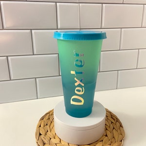 May include: A blue and green ombre reusable cup with a blue lid and the name "Dexter" written in gold foil lettering.