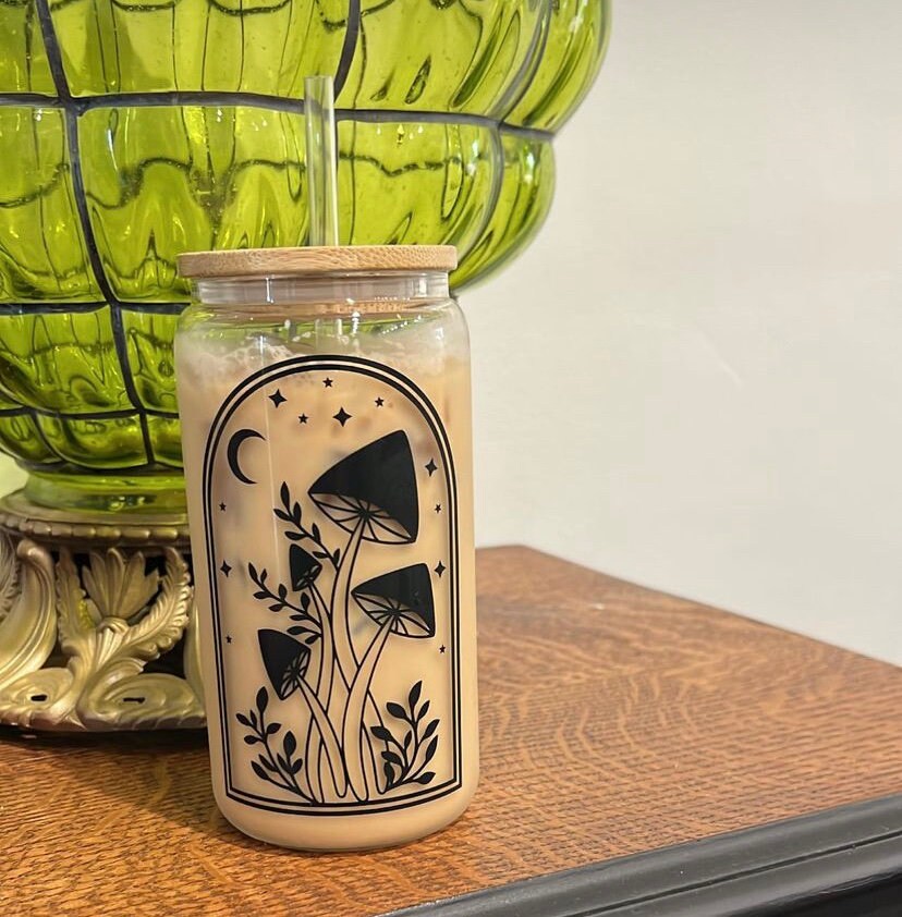 Mushroom Glass Can Cup With Bamboo Lid & Straw - Etsy