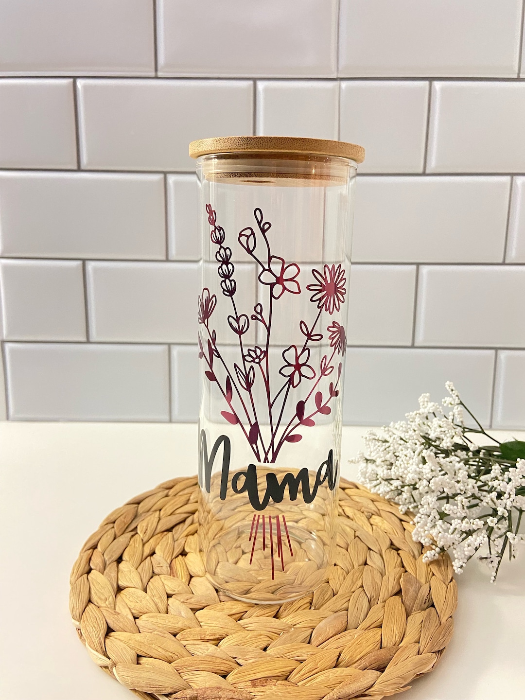 Mama Iced Coffee Glass Cup: Floral Design, Bamboo Lid & Straw - Etsy