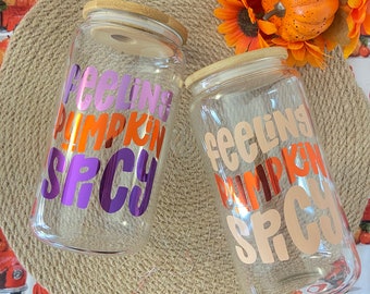 Pumpkin Spice Glass Can Cup: 16oz Iced Coffee Glass with Bamboo Lid