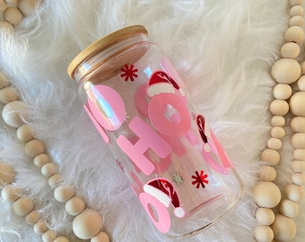 Ho Christmas Glass Tumbler, Santa Hat Iced Coffee Cup