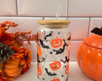 Color Changing Halloween Tumbler: Pumpkin Bats Iced Coffee Glass with Bamboo Lid