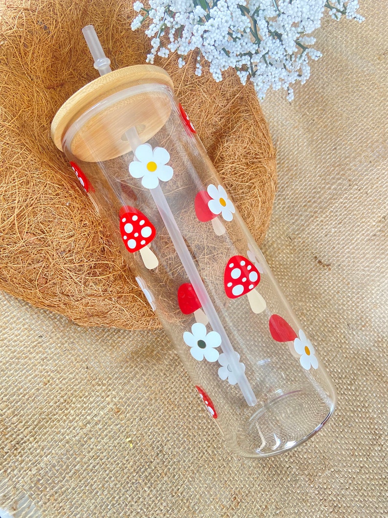 Mushroom Iced Coffee Cup With Flowers Glass Libbey Can With Etsy