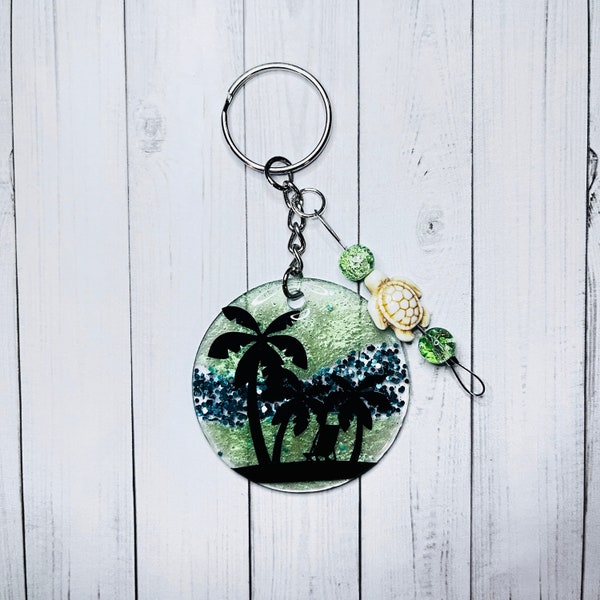 Sea Turtle Beach Silhouette key ring w/green glass beads & ivory sea turtle, keychain, Seafoam color, companion to badge reel, gift idea
