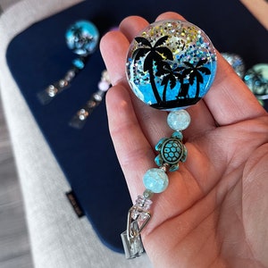 Palm tree Silhouette Beach Retractable Badge Reel with teal Sea Turtle Bead, teacher gift, nurse gift, staff appreciation, hotel staff, camp