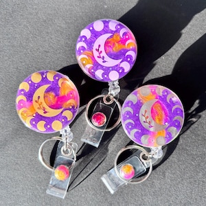 Moon Phase Badge Reel: Gold, Violet, Silver. Simple and lightweight, beautiful celestial colors-Gift idea for teachers, nurse, office staff