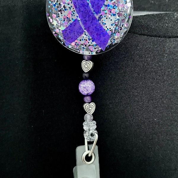 Purple ribbon cancer awareness retractable badge reel-customization