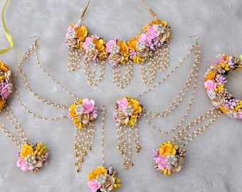 Handmade Floral Yellow, Pink & Golden Jewelry Set For Haldi, Mehndi, Perfect Gift For Her Wedding, Indian Bridal Jewelry, Pink Jewellery
