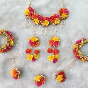 Yellow, Orange & Pink Floral Jewelry Set For Haldi, Mehendi, Wedding Function, Mayoon jewelry, Indian Bridal Jewellery, Pakistani Jewellery