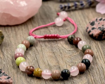 Pulsera del amor, cuarzo rosa, rodonita y serpentina, amor propio, sanación emocional, joyería del chakra del corazón, cristal curativo ajustable, regalo perfecto.