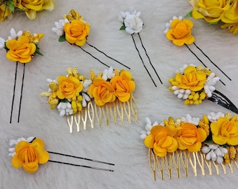 Handmade Artificial Floral Yellow and White Hair Pins For Return Favors, Gift, Giveaways Floral Jewelry For haldi, Mehendi Wedding
