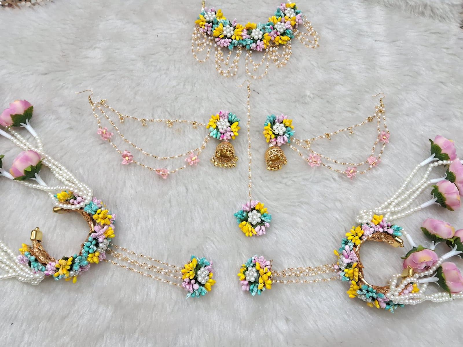 Handmade Artificial Floral Multi colour Jewelry Set For Haldi, Mehendi, Wedding Function Perfect Gift For Her Wedding Shipping Worldwide