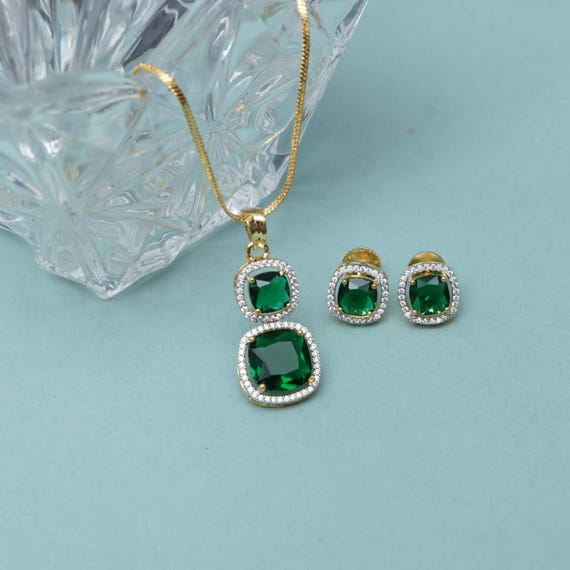 グリーン CZ ゴールド イヤリング & ペンダント セット、結婚式用 
