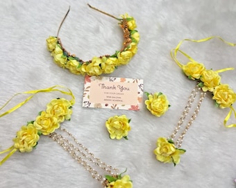 Handmade Artificial Floral Yellow Jewelry Set For Haldi, Mehendi, Wedding Function Perfect Gift For Her Wedding Shipping Worldwide