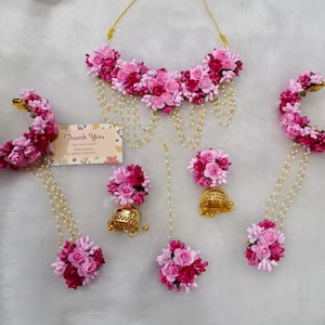 Handmade Artificial Floral Pink Jewelry Set For Haldi, Mehendi, Mayoon Wedding Function Perfect Gift For Her Flower Jewelry