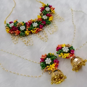 Handmade Artificial Floral Multi Color Jewelry Set For Haldi, Mehendi, Wedding Function Perfect Gift For Her Wedding Shipping Worldwide